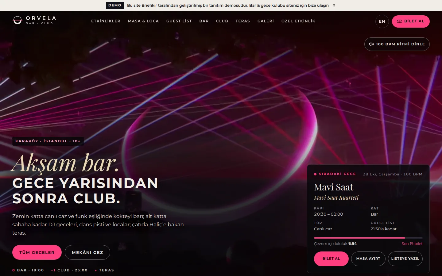 Bar & Night Club Web Sitesi + Mekân İşletim Paneli — masaüstü görünüm