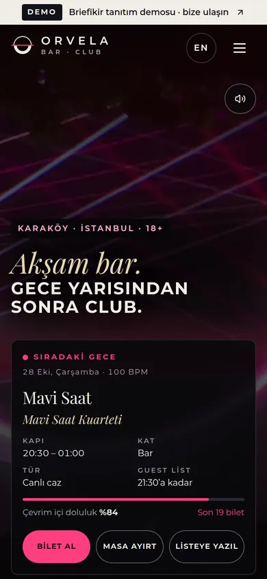 Bar & Night Club Web Sitesi + Mekân İşletim Paneli — mobil görünüm