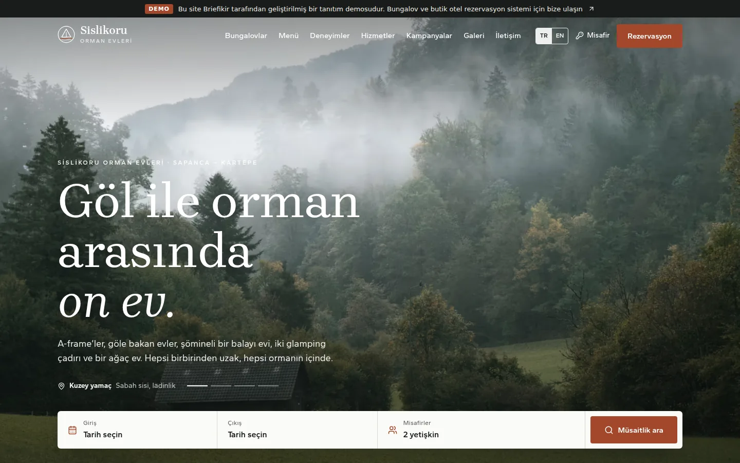 Bungalov Sitesi ve Online Rezervasyon Sistemi — Demo — masaüstü görünüm