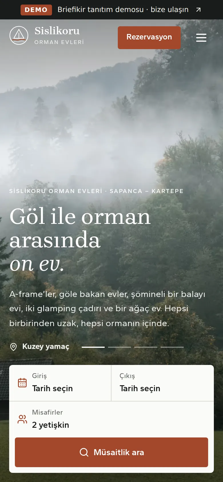 Bungalov Sitesi ve Online Rezervasyon Sistemi — Demo — mobil görünüm