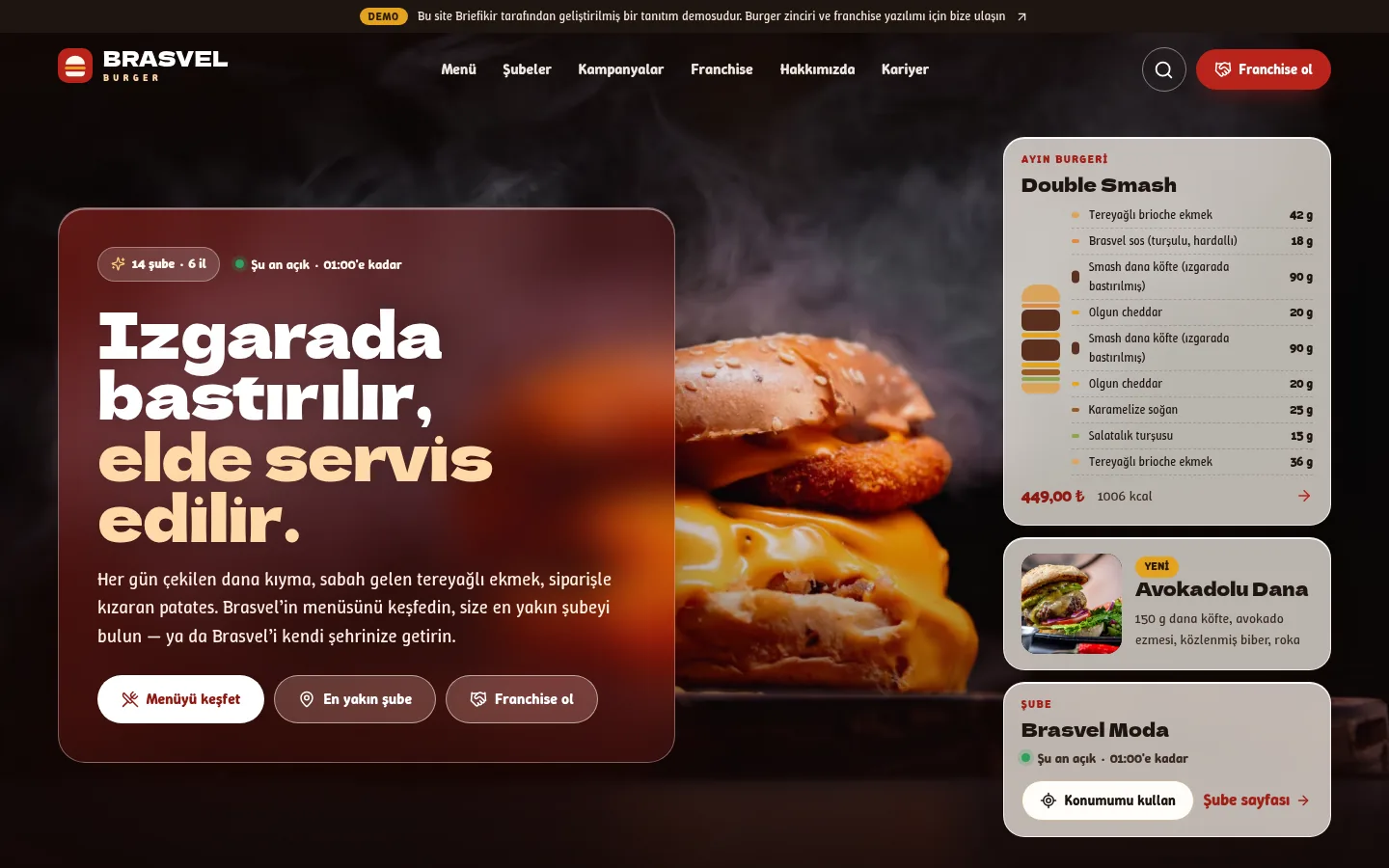 Burger Zinciri Marka Web Sitesi + Franchise Başvuru ve Yönetim Paneli — masaüstü görünüm