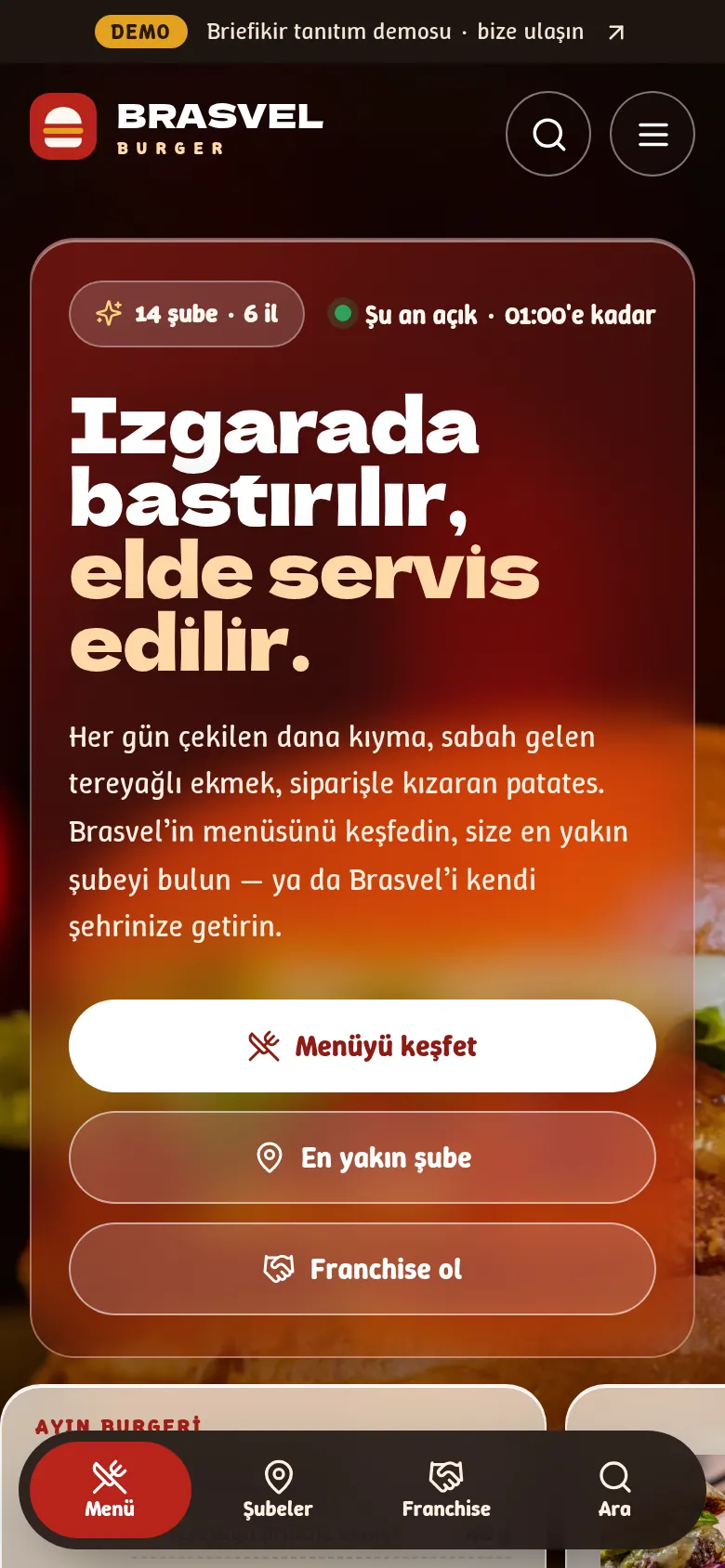 Burger Zinciri Marka Web Sitesi + Franchise Başvuru ve Yönetim Paneli — mobil görünüm