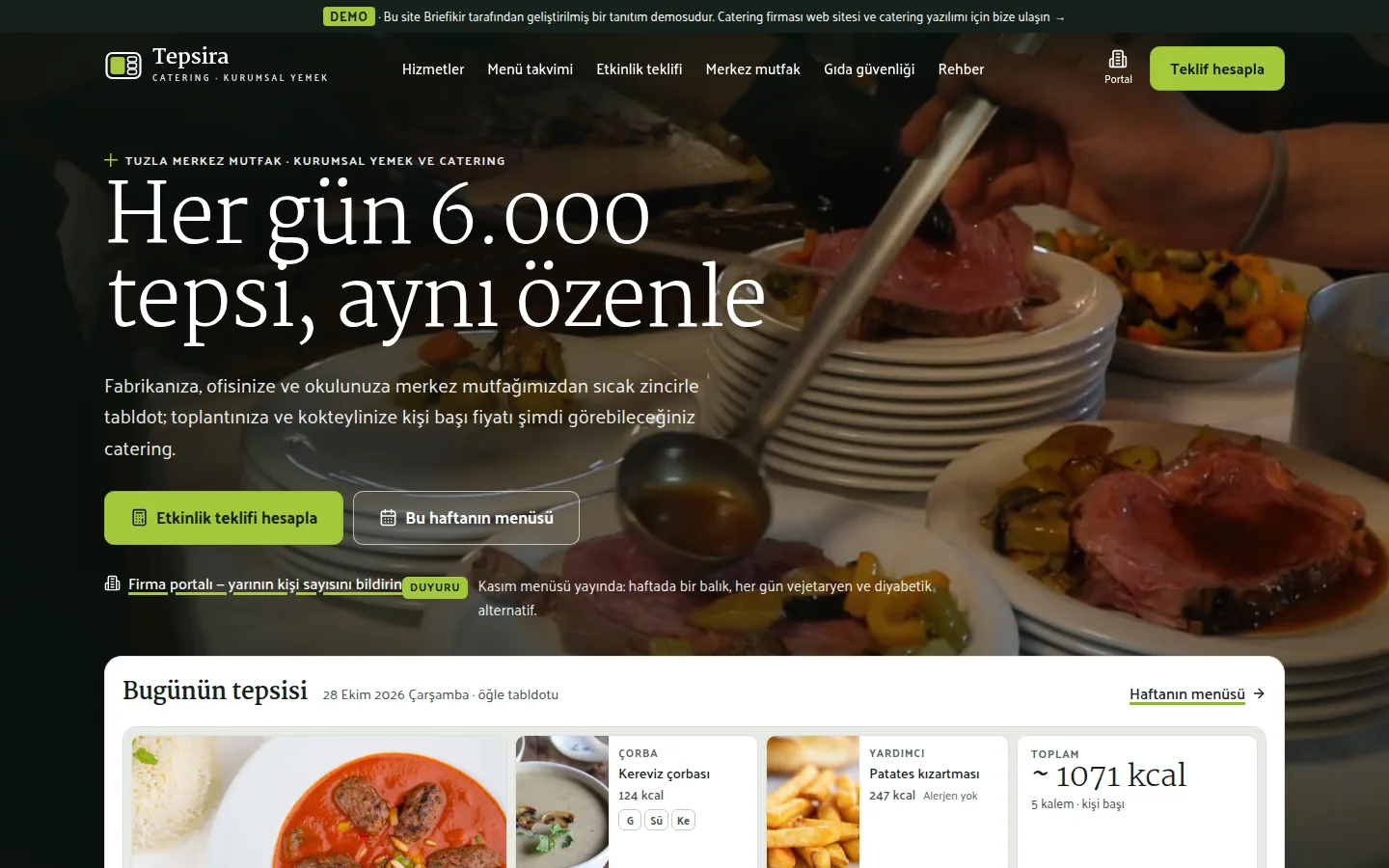 Catering Firması Web Sitesi + Yemek Üretim Planlama Yazılımı — masaüstü görünüm