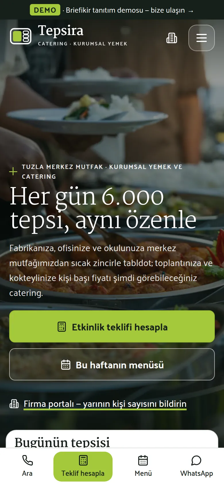 Catering Firması Web Sitesi + Yemek Üretim Planlama Yazılımı — mobil görünüm