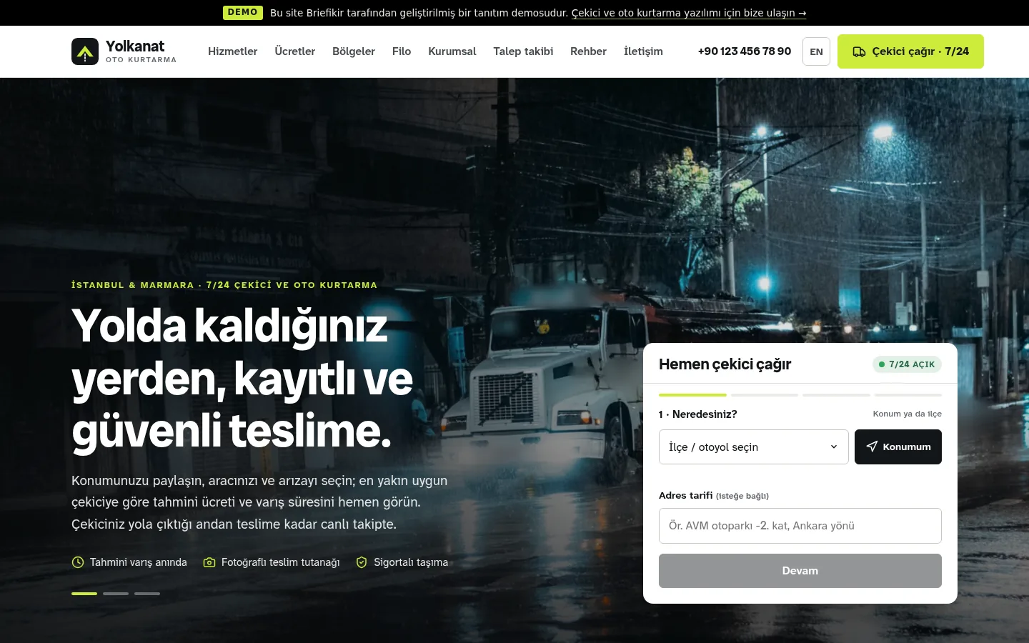 Çekici ve Oto Kurtarma Yazılımı — Demo — masaüstü görünüm