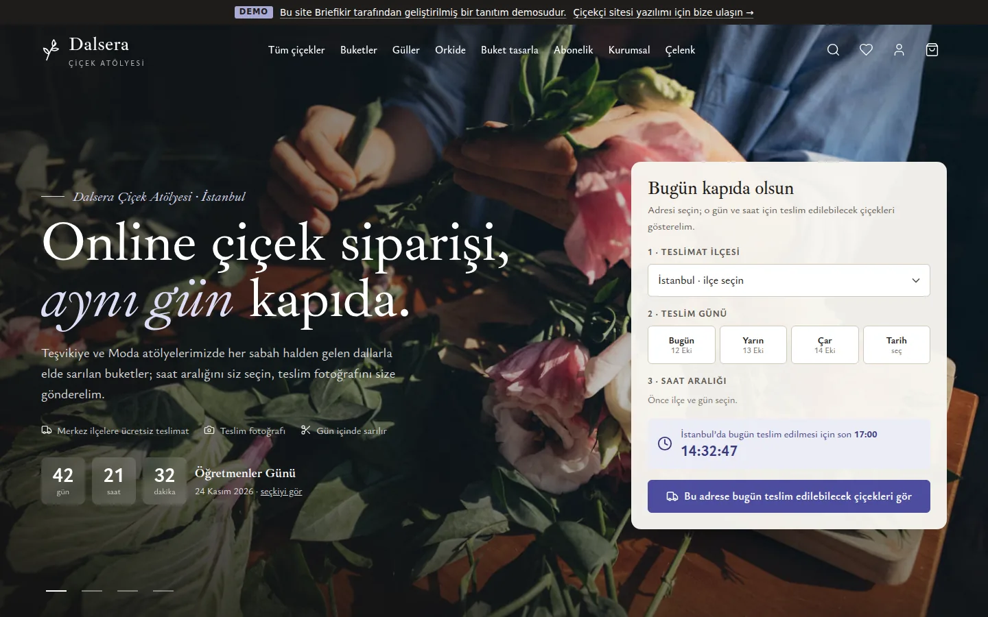 Çiçekçi Sitesi ve Online Çiçek Siparişi Yazılımı — Demo — masaüstü görünüm