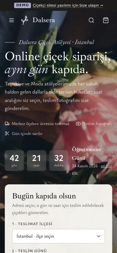 Çiçekçi Sitesi ve Online Çiçek Siparişi Yazılımı — mobil görünüm
