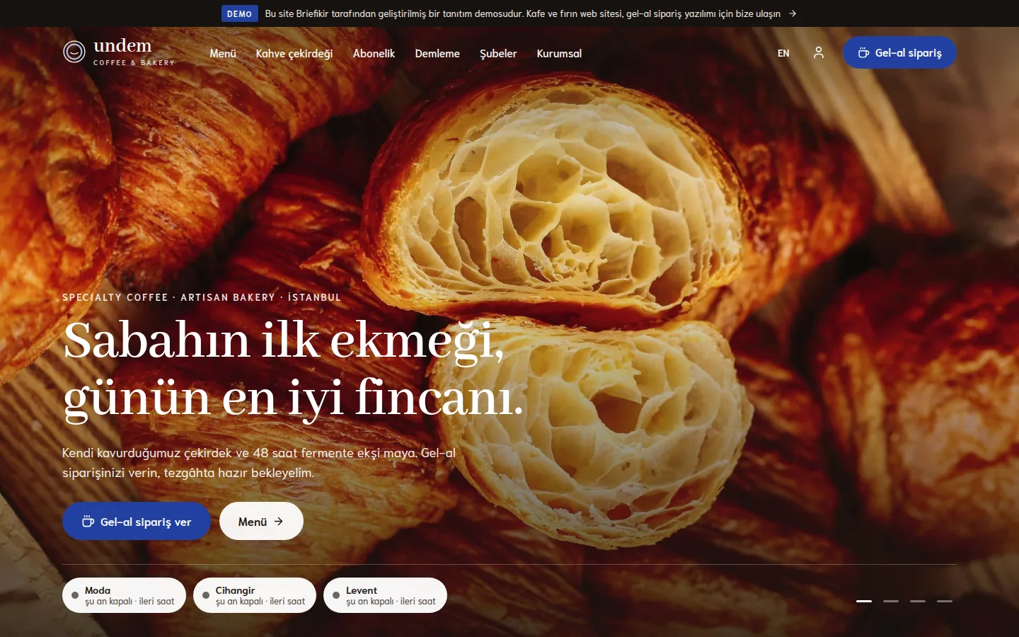 Kahve ve Fırın (Coffee & Bakery) Web Sitesi ve Sipariş Yazılımı — Demo — masaüstü görünüm