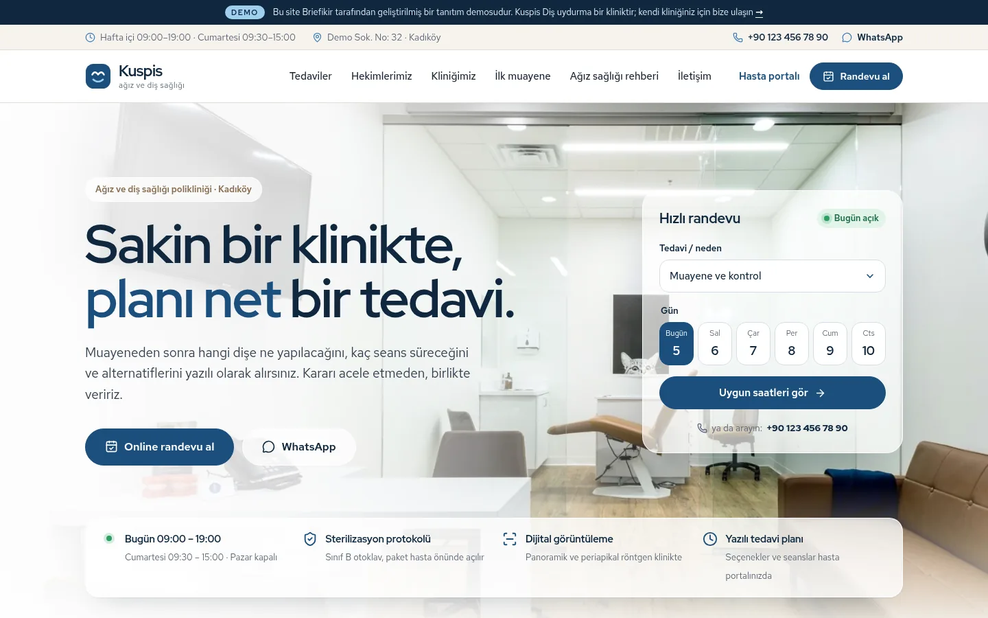 Diş Kliniği Web Sitesi ve Programı — Demo — masaüstü görünüm