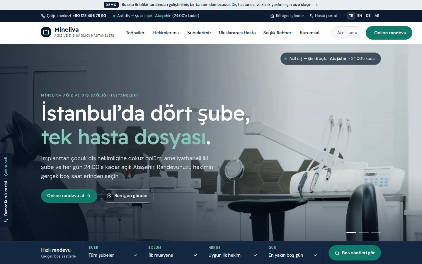 Diş Hastanesi ve Diş Kliniği Web Sitesi + Yönetim Paneli — masaüstü görünüm