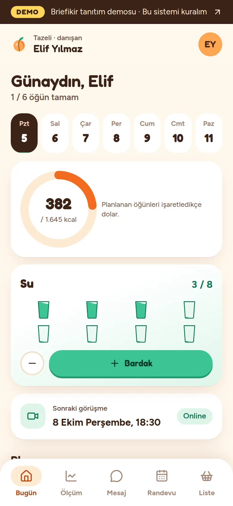 Danışan uygulaması: günün planı ve su takibi