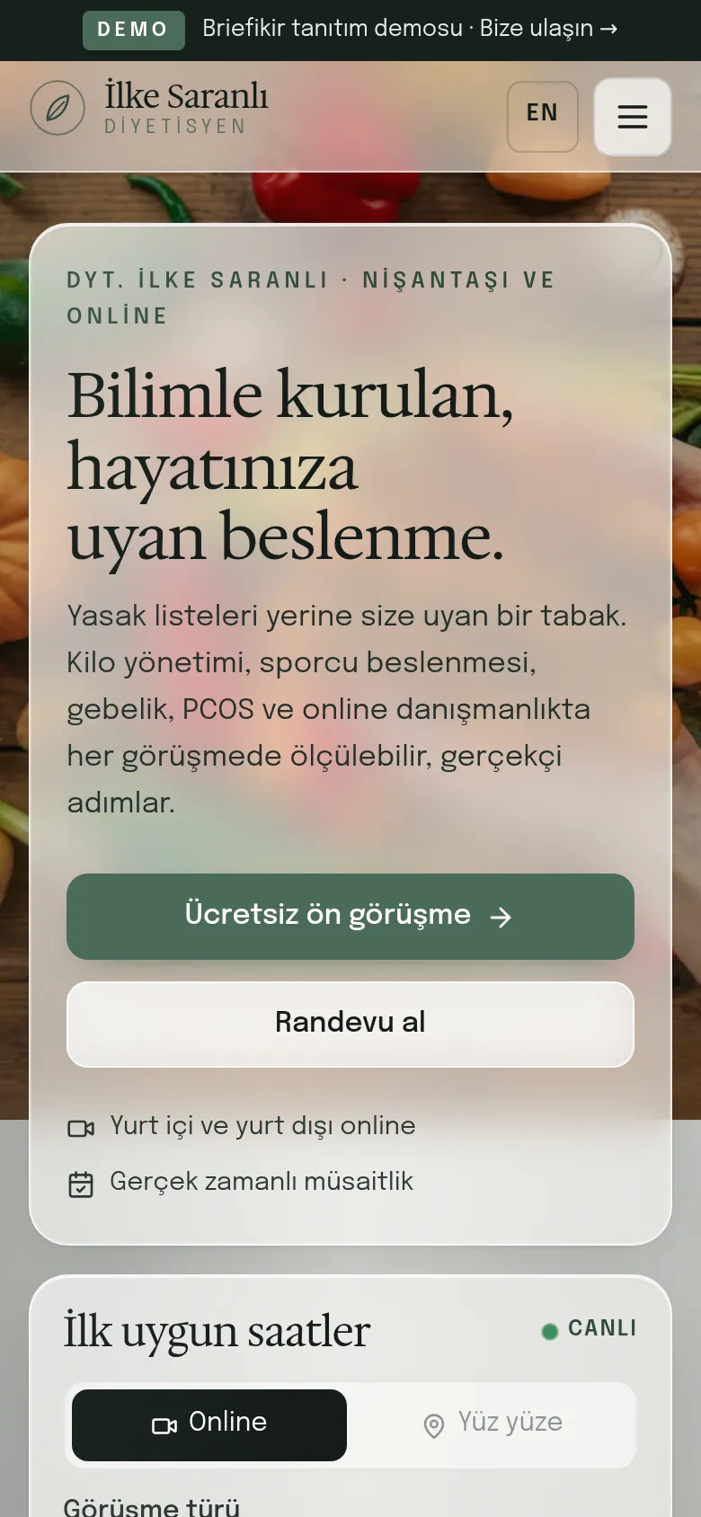 Diyetisyen Web Sitesi ve Danışan Uygulaması — Demo — mobil görünüm