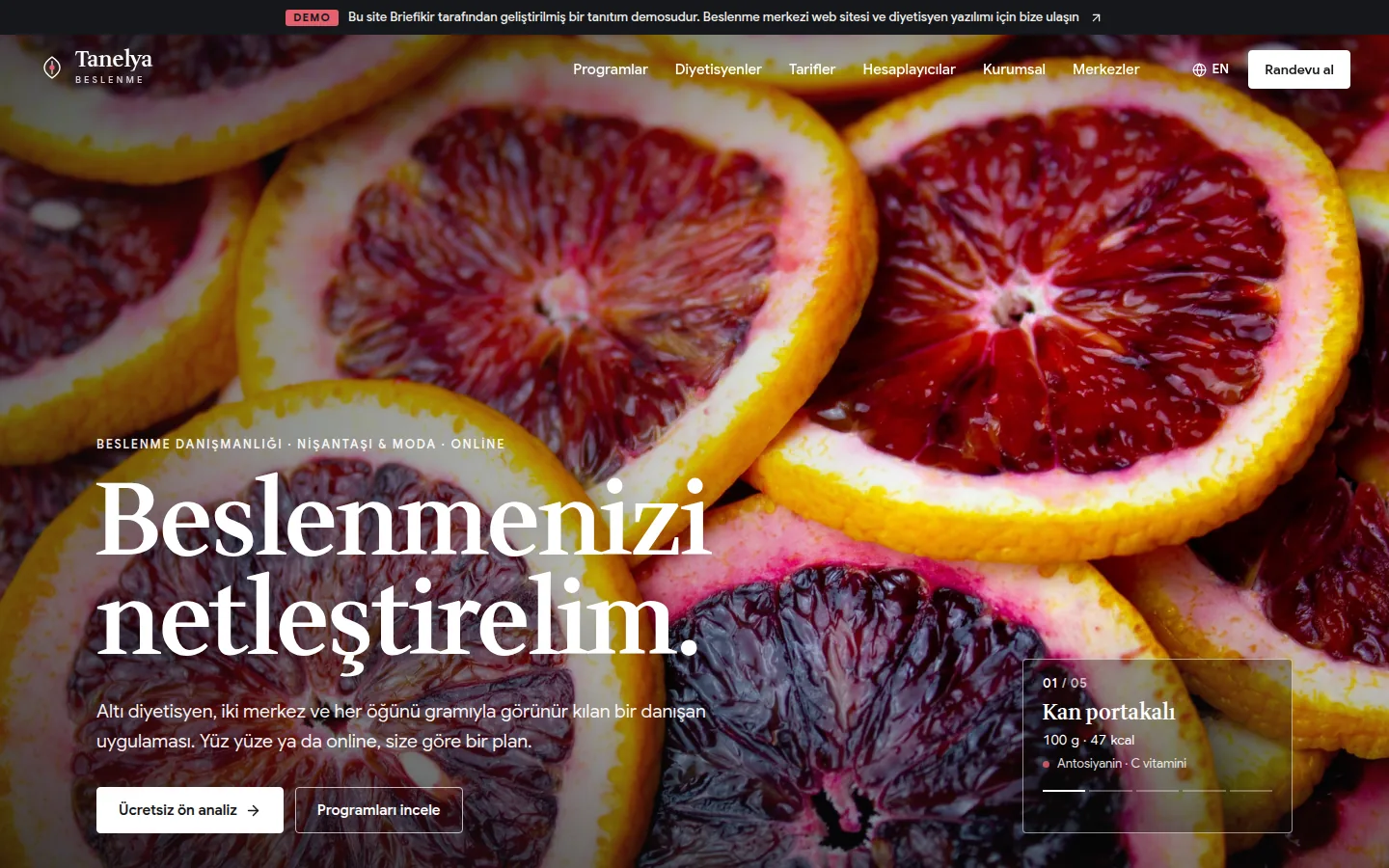 Beslenme Danışmanlığı Merkezi Web Sitesi ve Diyetisyen Yazılımı — Demo — masaüstü görünüm