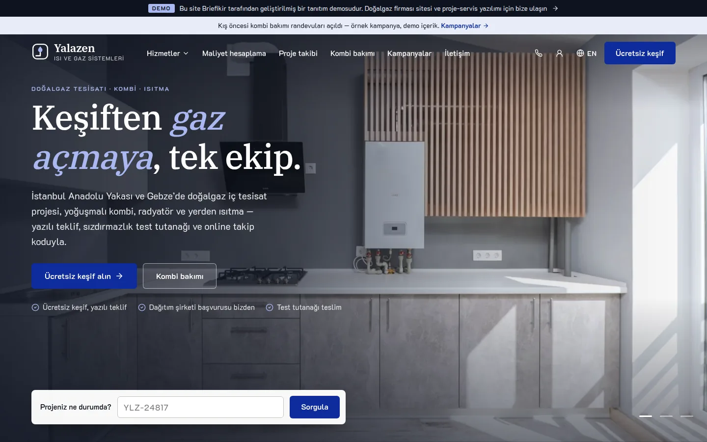 Doğalgaz Tesisat Firması Web Sitesi ve Proje-Servis Yazılımı — Demo — masaüstü görünüm