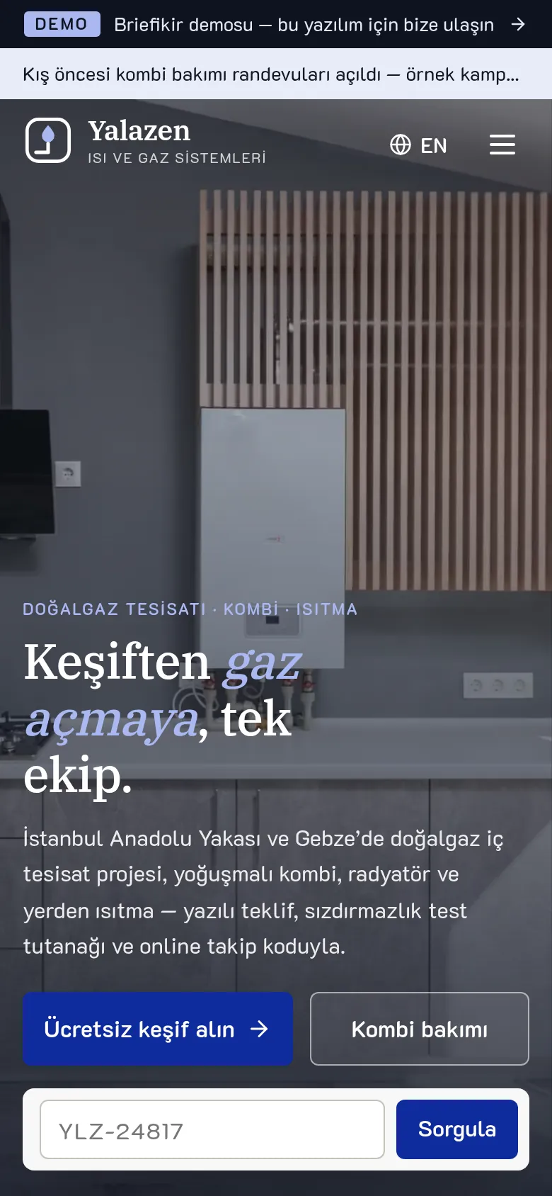 Doğalgaz Tesisat Firması Web Sitesi ve Proje-Servis Yazılımı — Demo — mobil görünüm