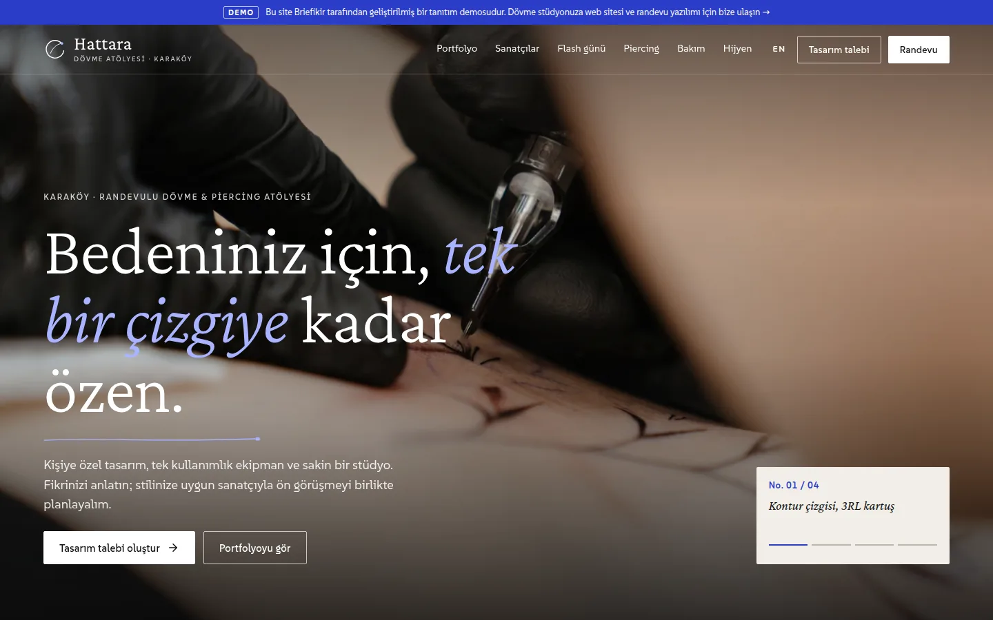 Dövme Stüdyosu Web Sitesi ve Randevu Yazılımı — Demo — masaüstü görünüm