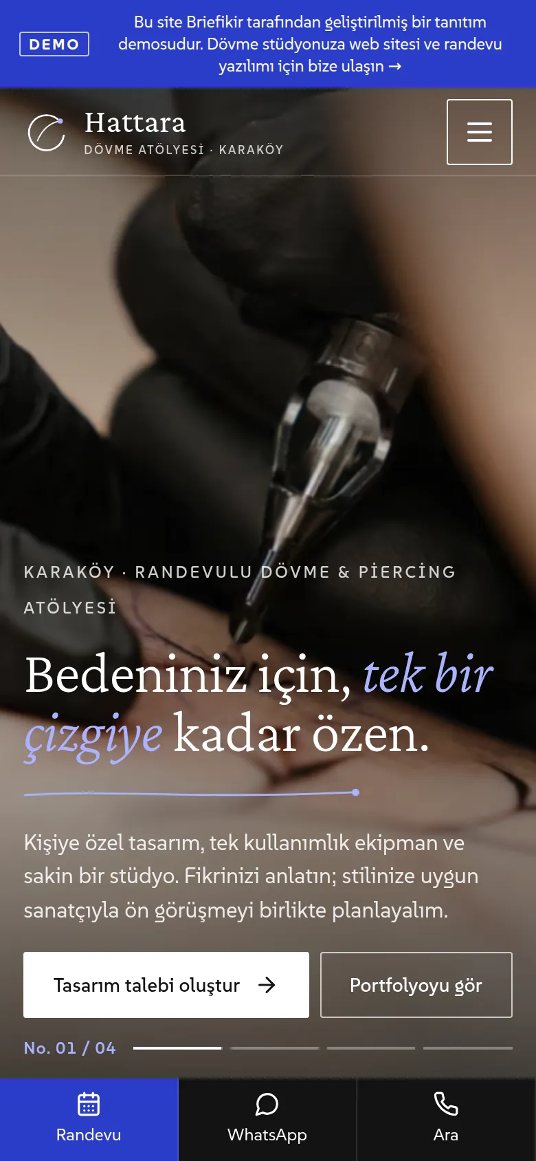 Dövme Stüdyosu Web Sitesi ve Randevu Yazılımı — Demo — mobil görünüm