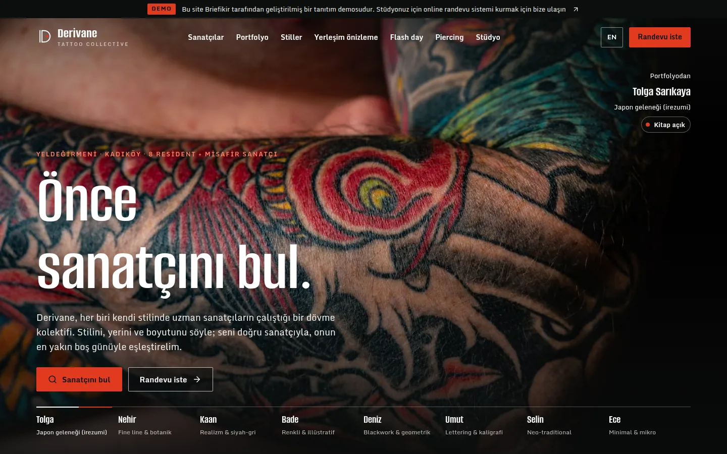 Tattoo & Dövme Stüdyosu Web Sitesi + Stüdyo Yönetim Paneli — masaüstü görünüm