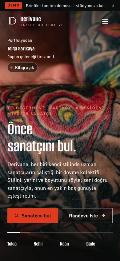 Tattoo & Dövme Stüdyosu Web Sitesi + Stüdyo Yönetim Paneli — mobil görünüm