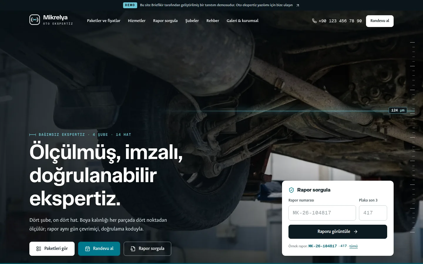 Oto Ekspertiz Merkezi Web Sitesi + Ekspertiz Yönetim Paneli — masaüstü görünüm