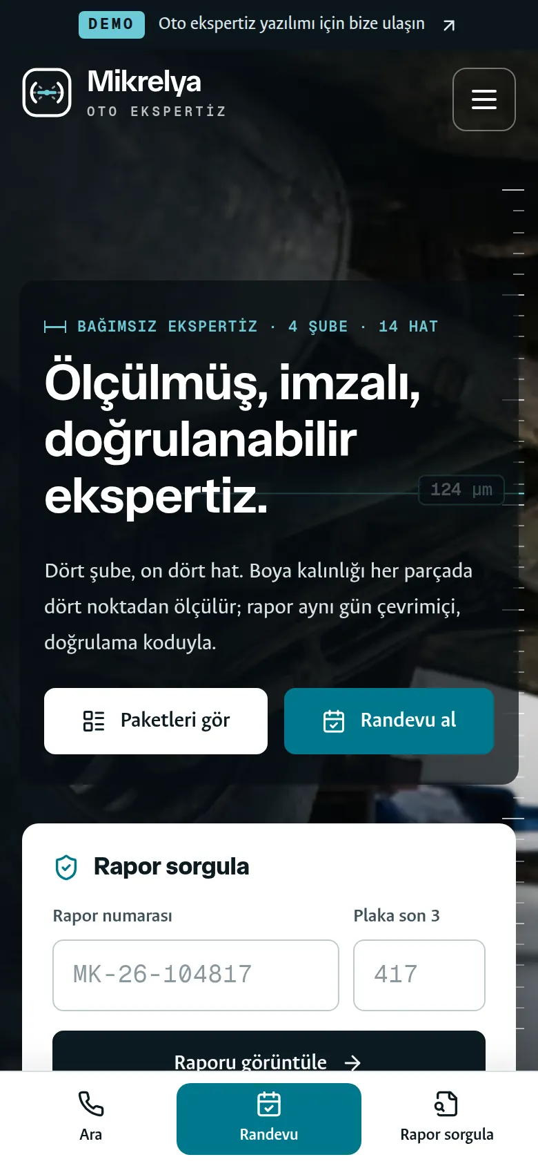 Oto Ekspertiz Merkezi Web Sitesi + Ekspertiz Yönetim Paneli — mobil görünüm