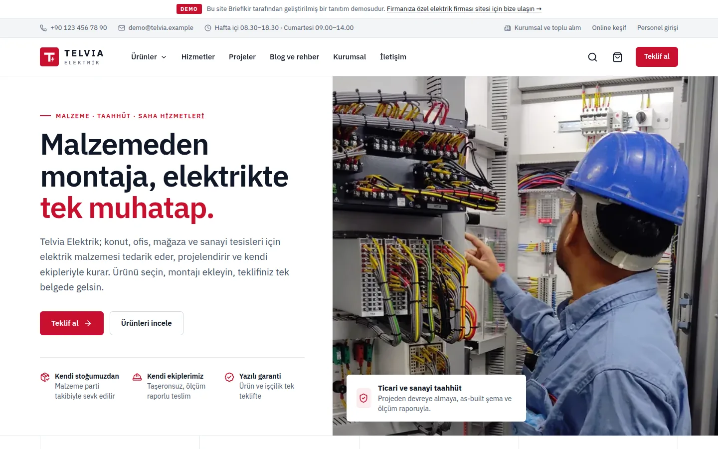 Elektrik Firması Sitesi, Ürün Kataloğu ve Teklif Sepeti — Demo — masaüstü görünüm
