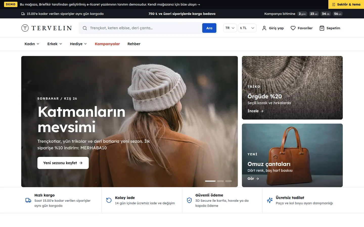 E-ticaret Yazılımı — tek markalı online mağaza — Demo — masaüstü görünüm