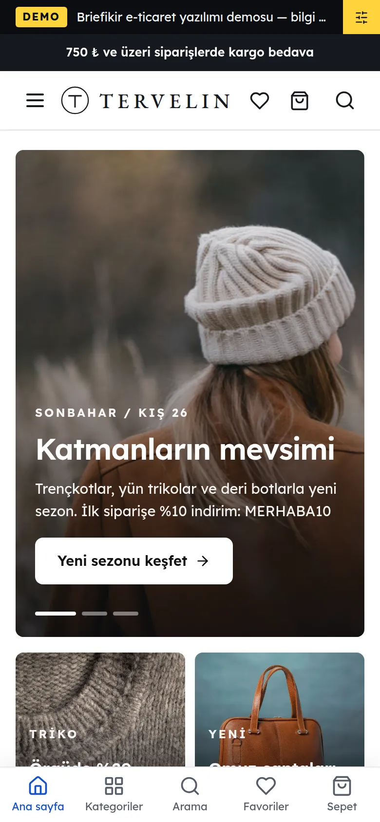 E-ticaret Yazılımı — tek markalı online mağaza — Demo — mobil görünüm