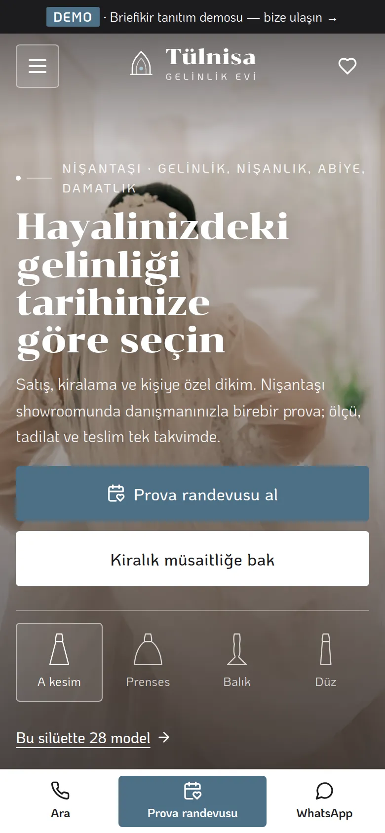 Gelinlik Web Sitesi + Gelinlik Kiralama ve Prova Programı — mobil görünüm
