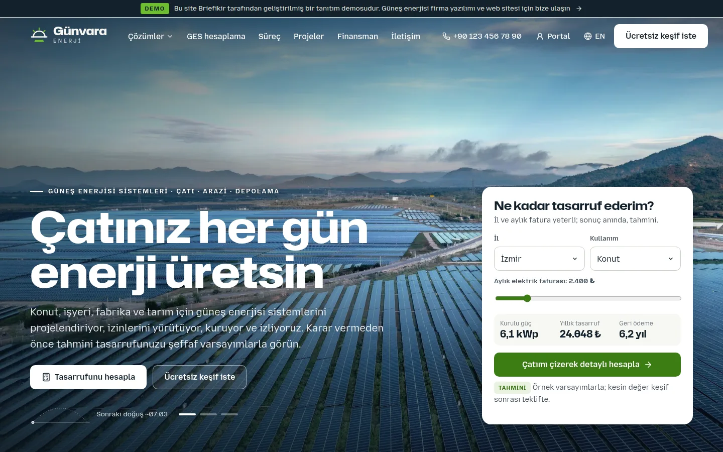 Güneş Enerjisi (GES) Firma Web Sitesi ve Proje Yazılımı — Demo — masaüstü görünüm