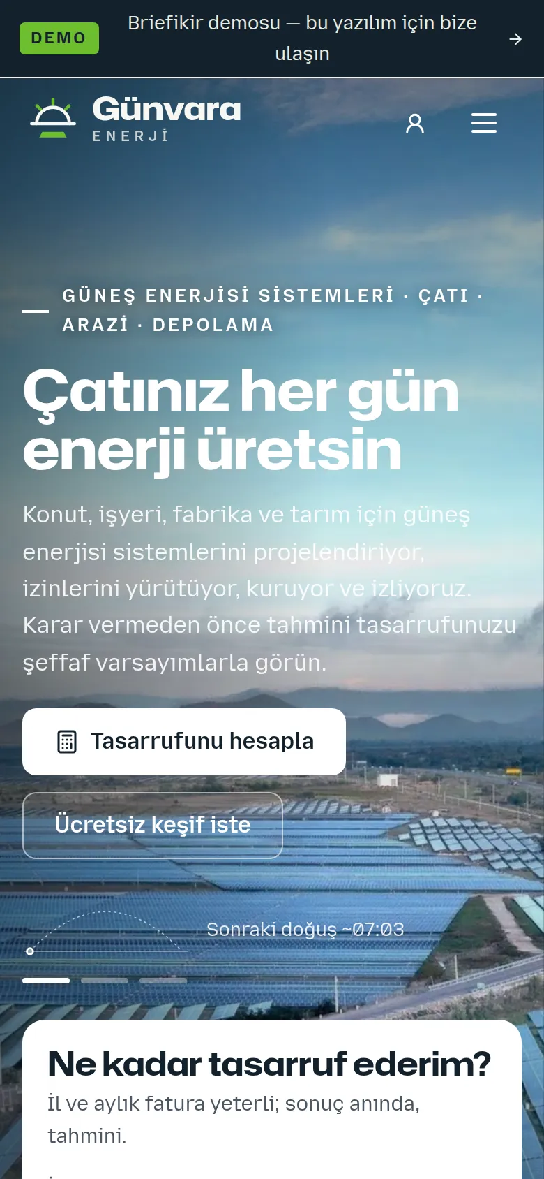 Güneş Enerjisi (GES) Firma Web Sitesi ve Proje Yazılımı — Demo — mobil görünüm