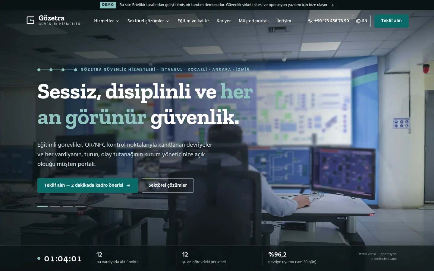 Özel Güvenlik Şirketi Web Sitesi ve Operasyon Yazılımı — Demo — masaüstü görünüm