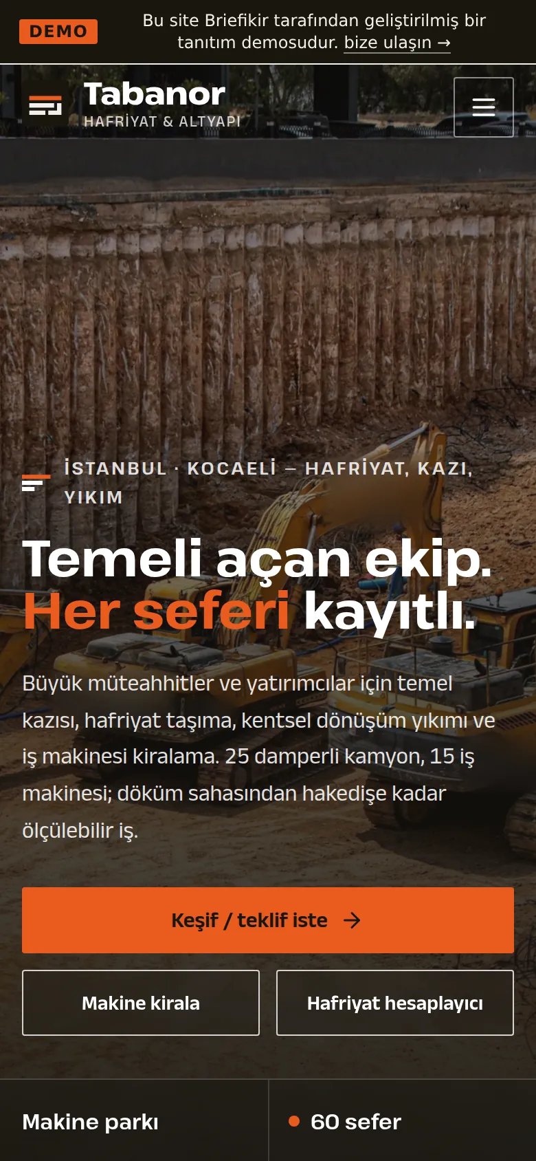 Hafriyat Firması Kurumsal Sitesi ve Hafriyat Yazılımı — Demo — mobil görünüm