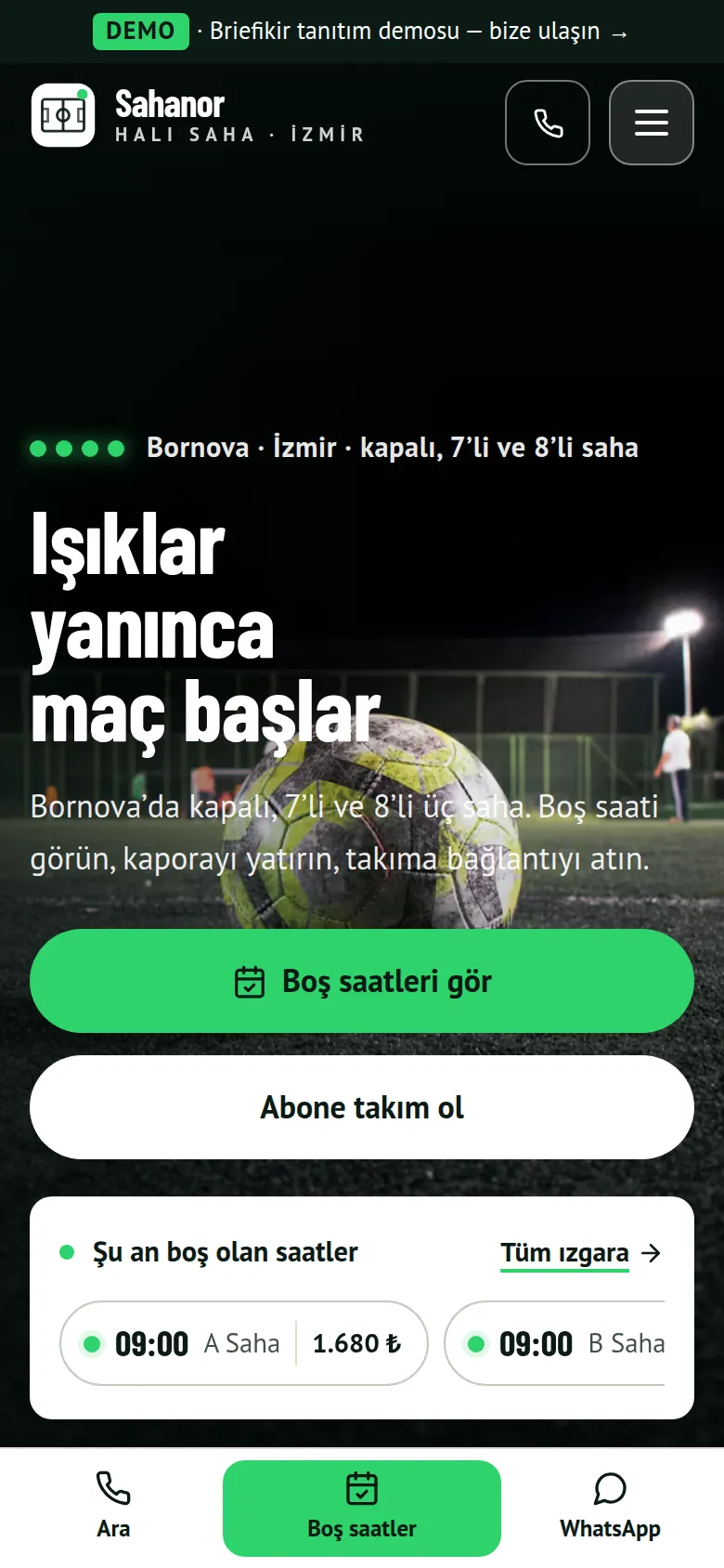Halı Saha Web Sitesi + Rezervasyon ve Tesis Yönetim Yazılımı — mobil görünüm