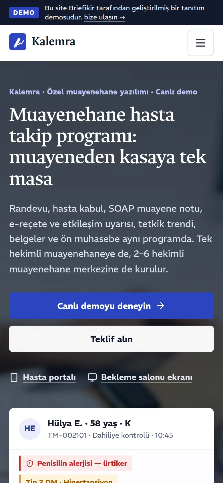 Muayenehane Hasta Takip Programı — mobil görünüm