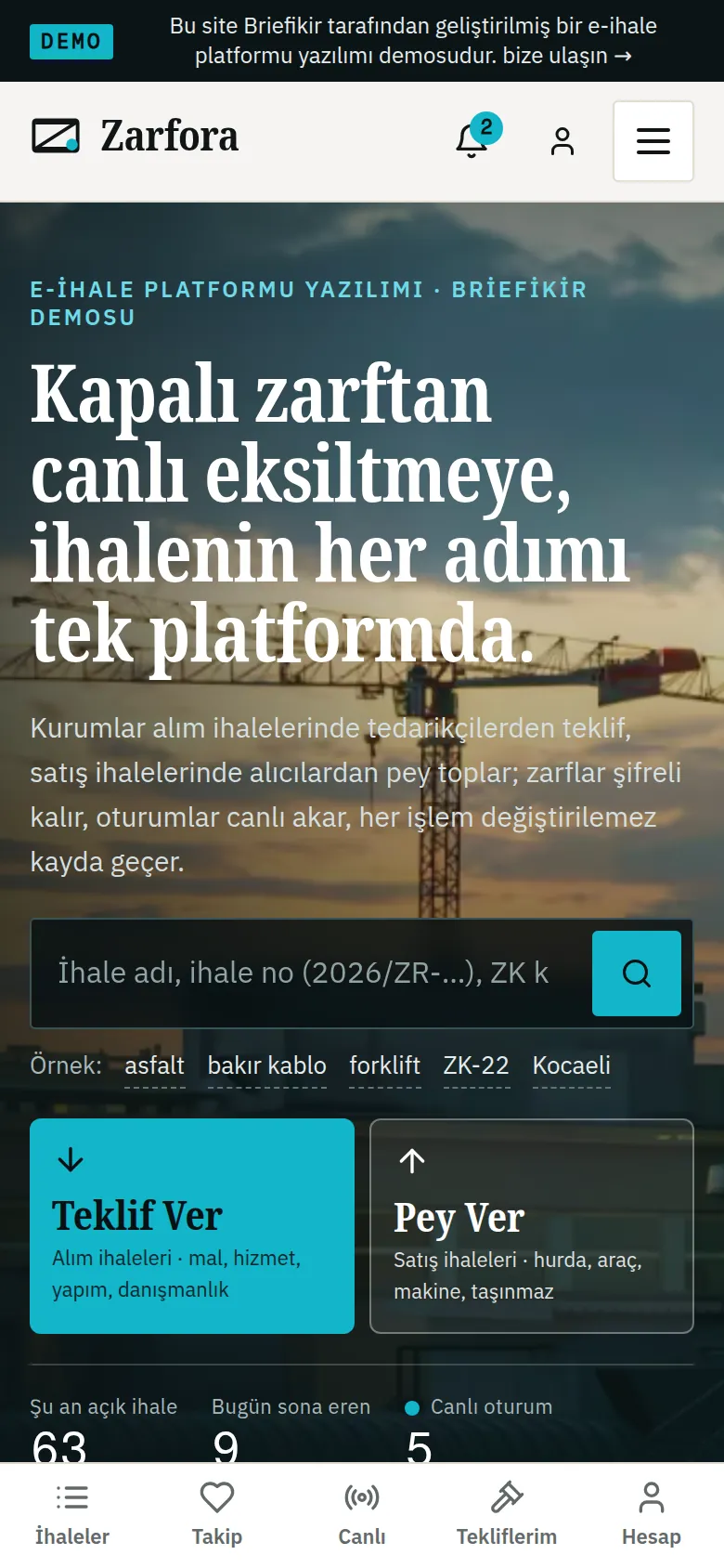 e-İhale Platformu Yazılımı + İhale Yönetim Merkezi — mobil görünüm
