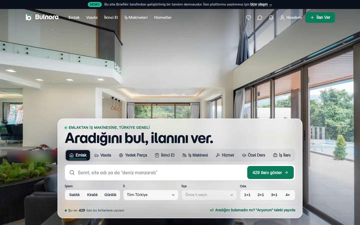 İlan Platformu Yazılımı — üye/mağaza paneli ve moderasyon merkeziyle — masaüstü görünüm