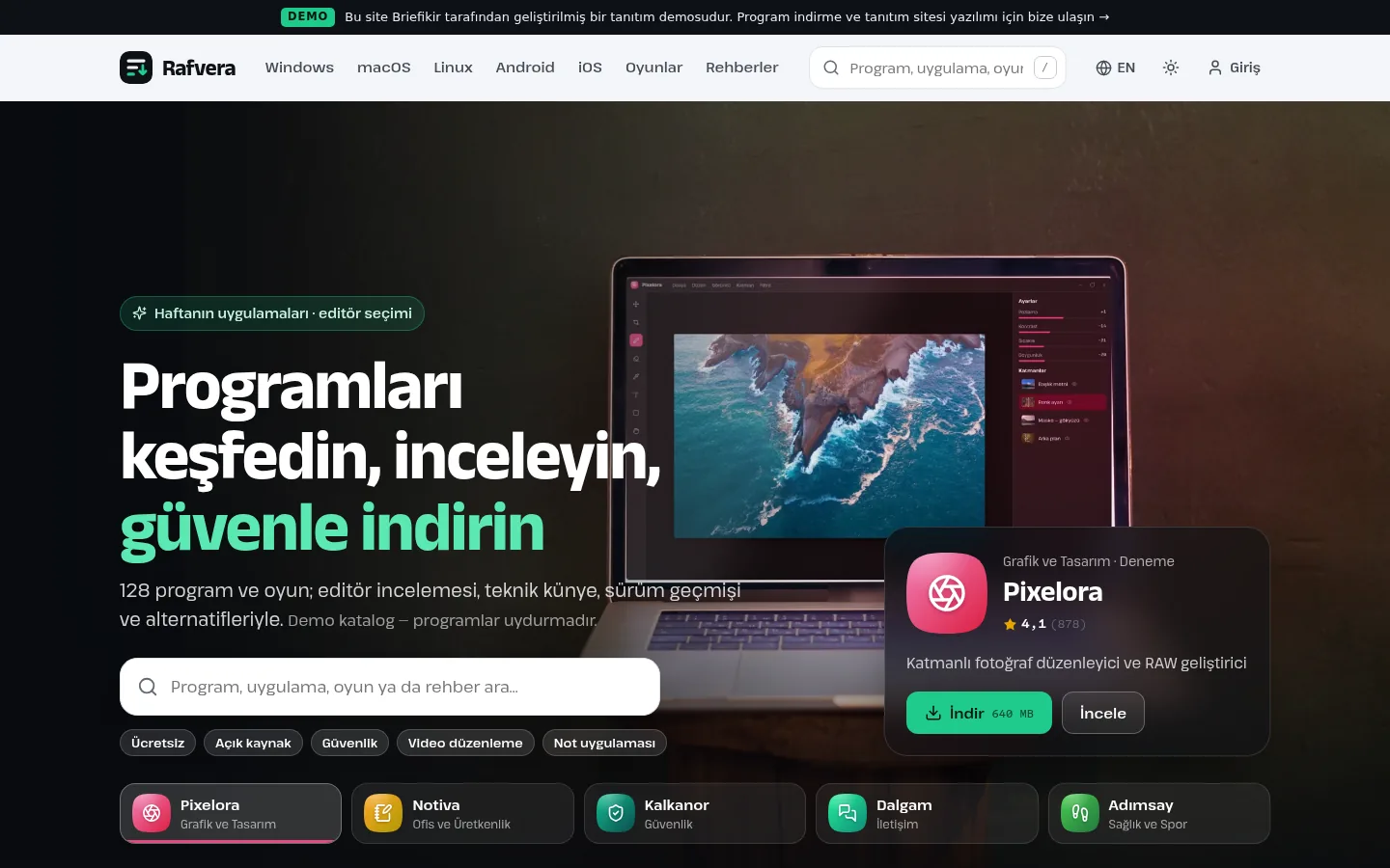 Program İndirme ve Tanıtım Sitesi — Demo — masaüstü görünüm