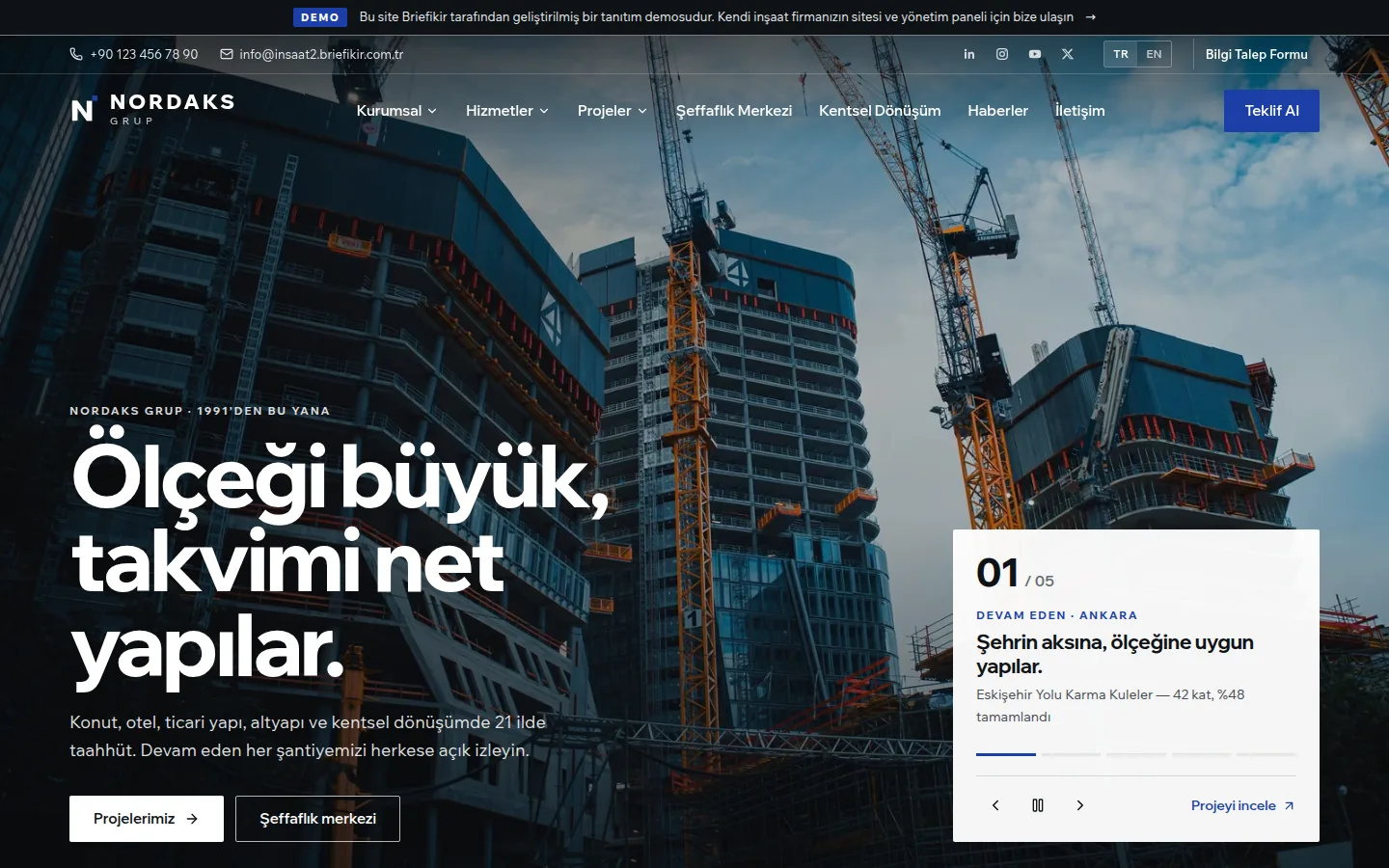 Kurumsal İnşaat Firması Sitesi ve Yönetim Paneli — Demo — masaüstü görünüm
