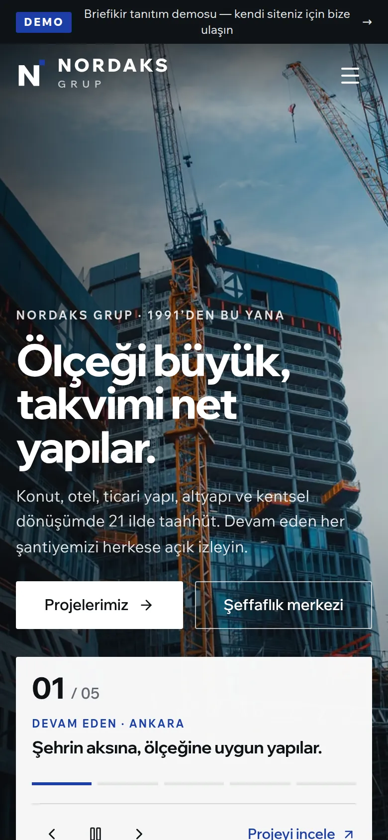 Kurumsal İnşaat Firması Sitesi ve Yönetim Paneli — Demo — mobil görünüm