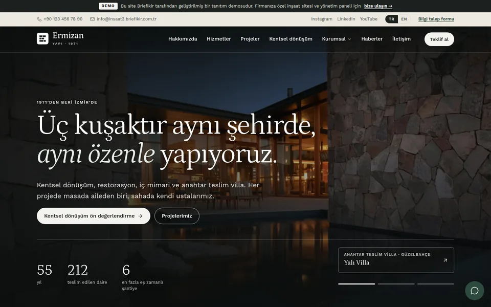 İnşaat Firması Web Sitesi ve Yönetim Paneli — masaüstü görünüm