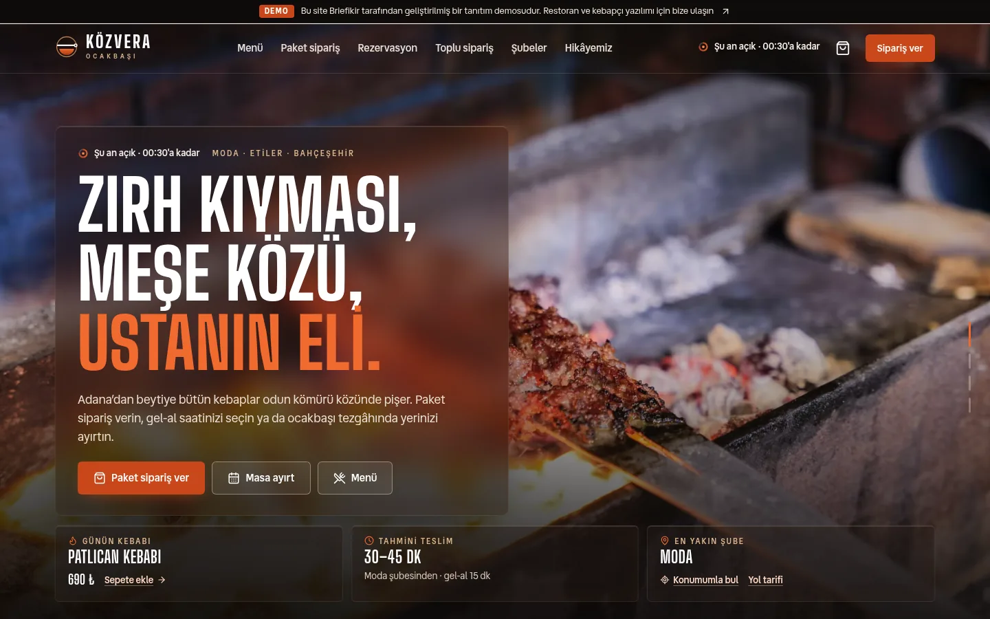 Kebapçı ve Ocakbaşı Restoran Web Sitesi + Sipariş/Rezervasyon Yönetim Paneli — masaüstü görünüm