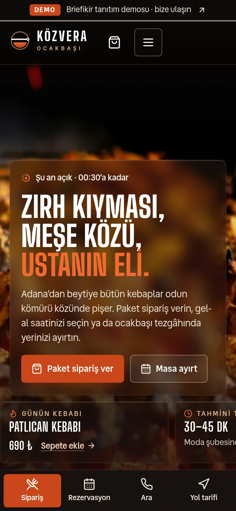 Kebapçı ve Ocakbaşı Restoran Web Sitesi + Sipariş/Rezervasyon Yönetim Paneli — mobil görünüm