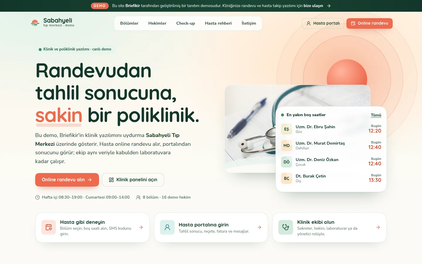 Klinik ve Poliklinik Yazılımı — Demo — masaüstü görünüm