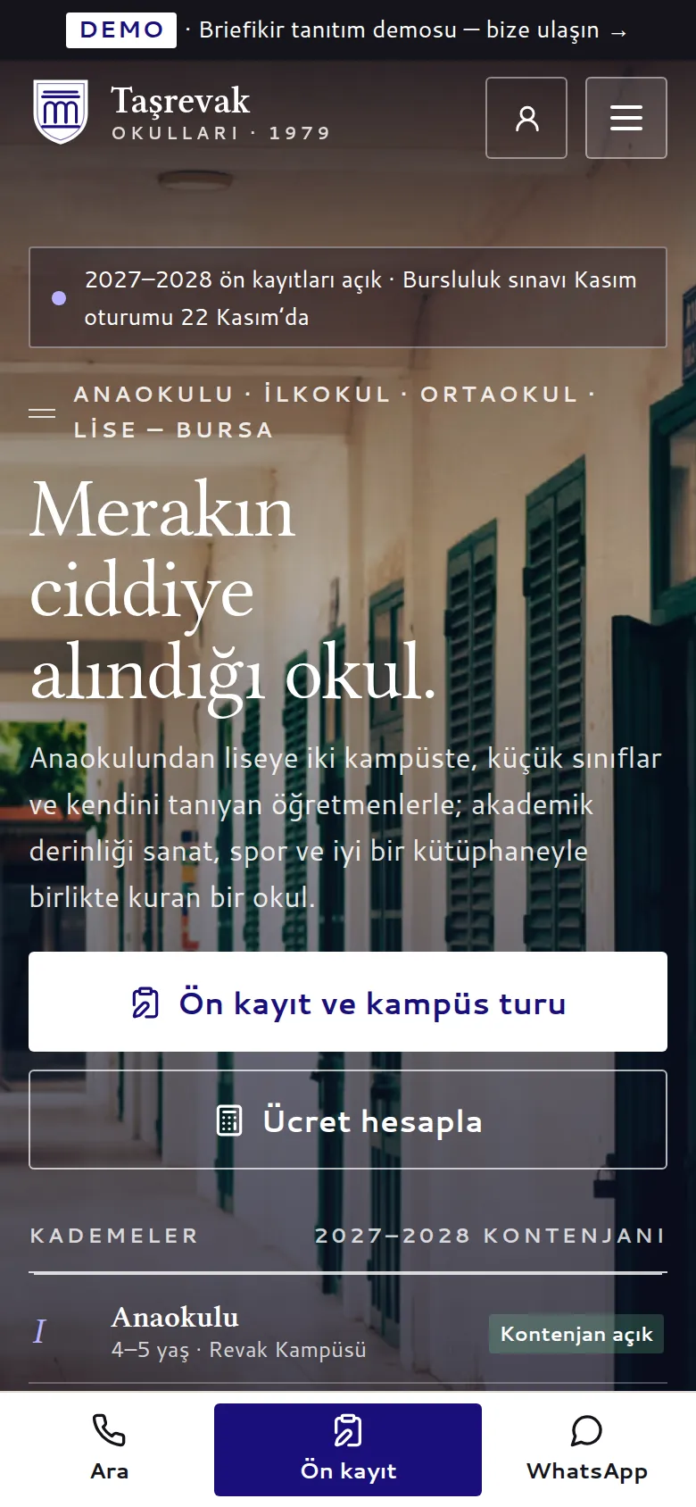 Özel Okul Web Sitesi + Ön Kayıt, Bursluluk ve Okul Yönetim Yazılımı — mobil görünüm