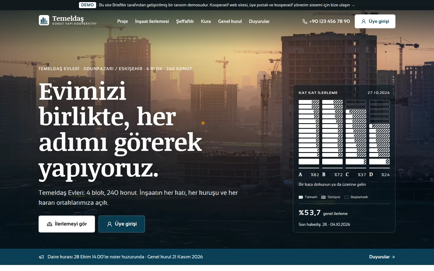 Kooperatif Web Sitesi + Üye Portalı ve Kooperatif Yönetim Sistemi — masaüstü görünüm