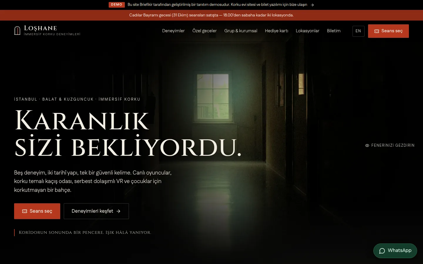Korku Evi Web Sitesi ve Seans Bilet Yazılımı — Demo — masaüstü görünüm