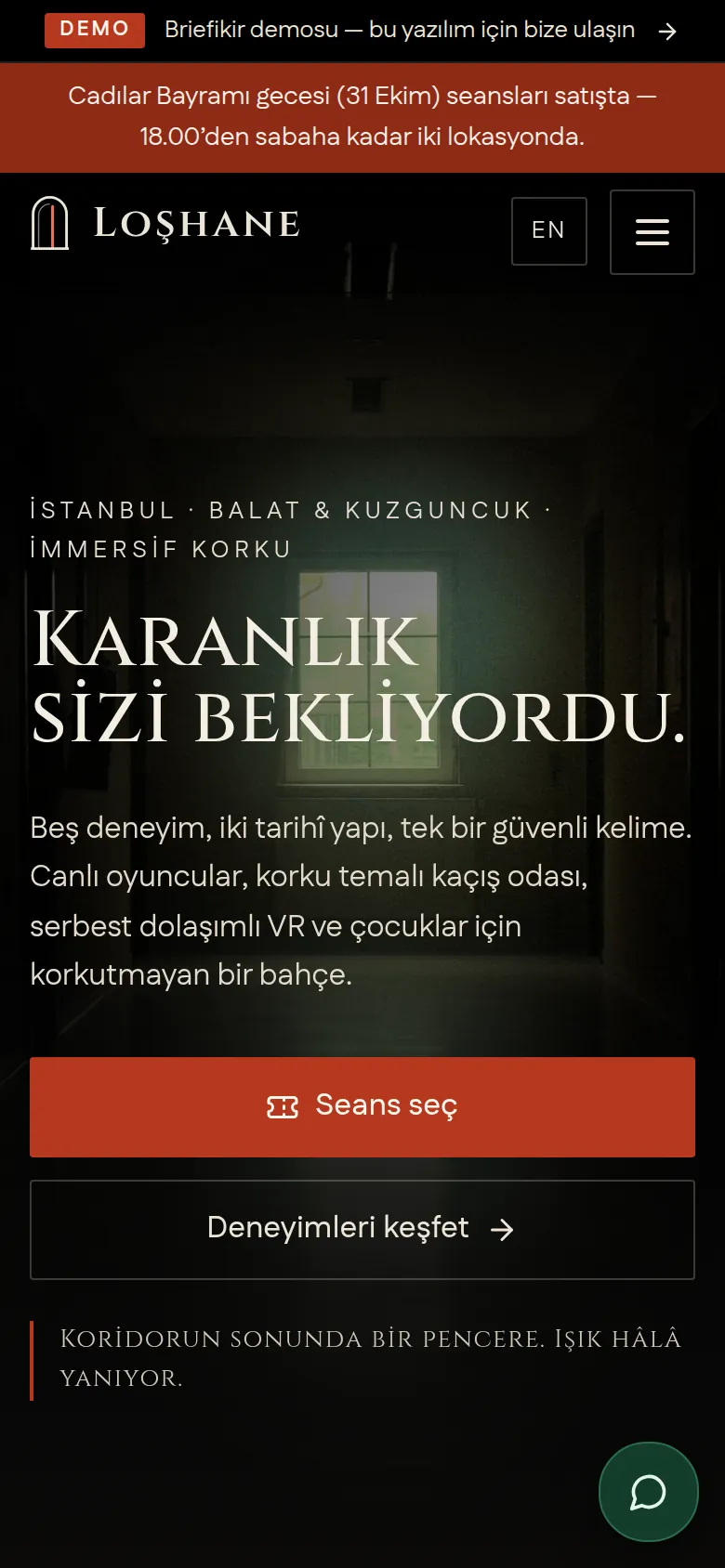 Korku Evi Web Sitesi ve Seans Bilet Yazılımı — Demo — mobil görünüm