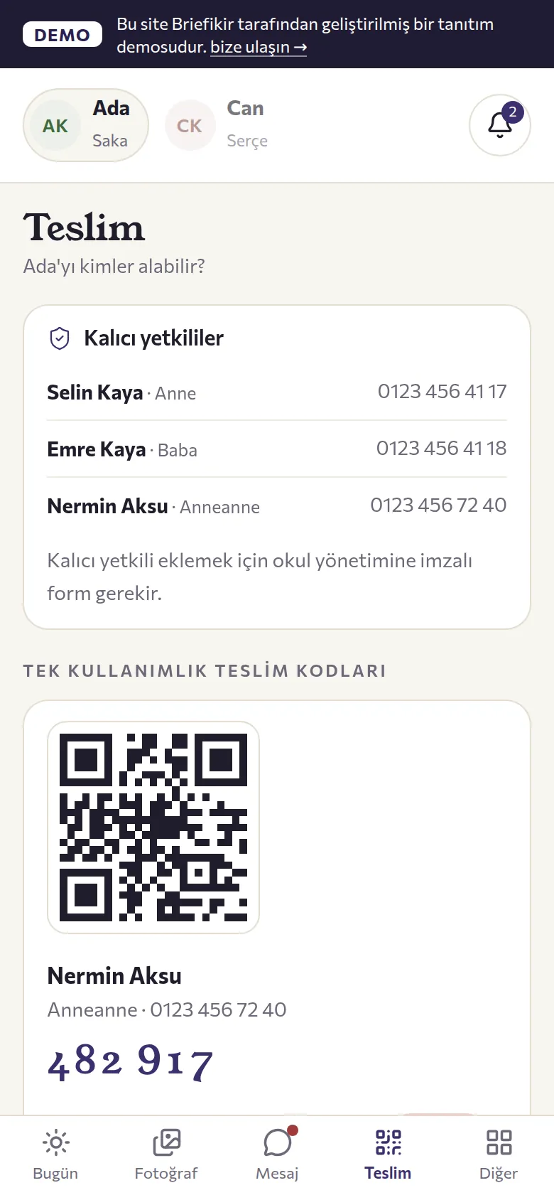 Veli uygulaması: QR teslim kodu