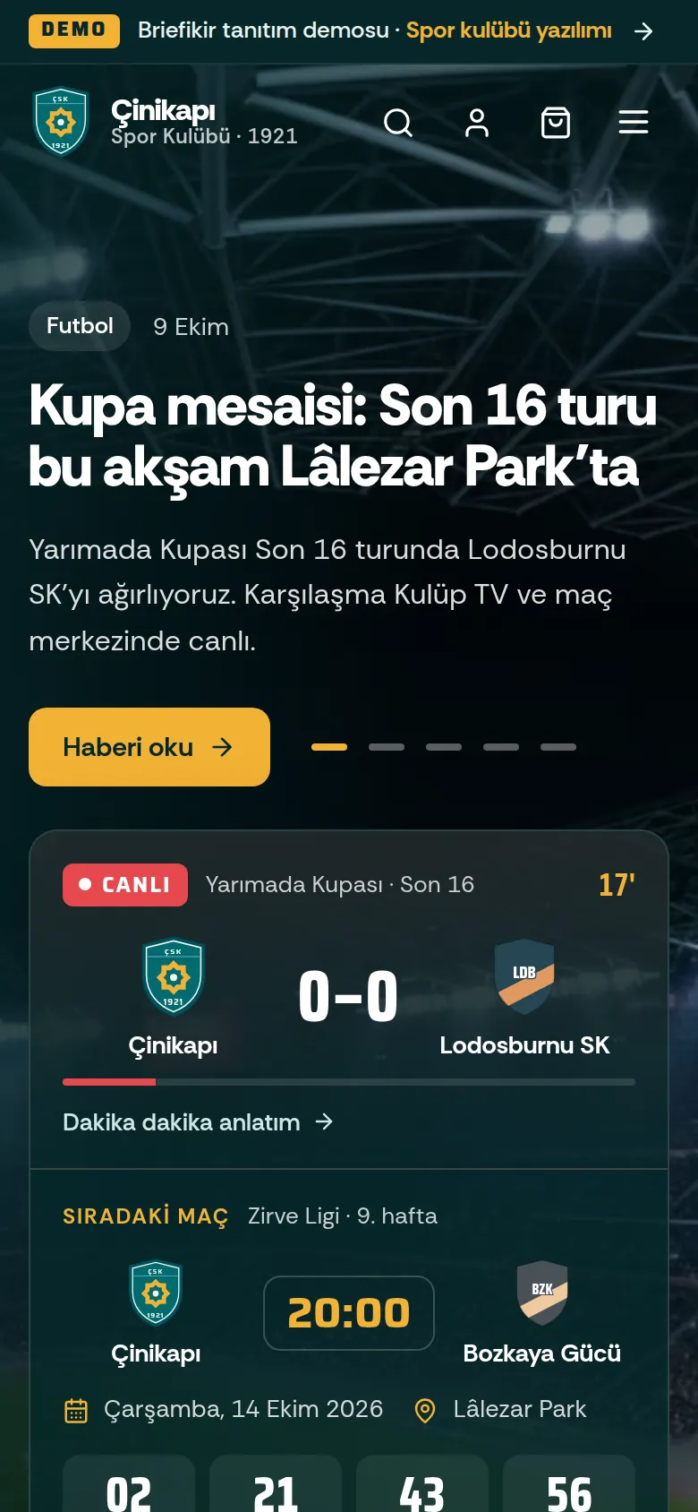 Spor Kulübü Sitesi ve Kulüp Yönetim Yazılımı — Demo — mobil görünüm